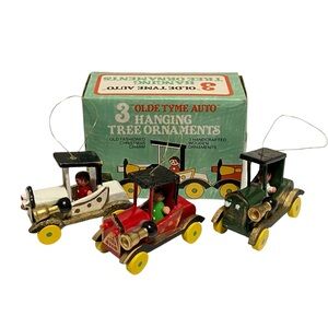 Vintage 1982 Giftco 3 Olde Tyme Auto Wooden Christmas Ornaments with Box